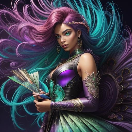 Peacock Woman with Rainbow Skin in Fantasy Style