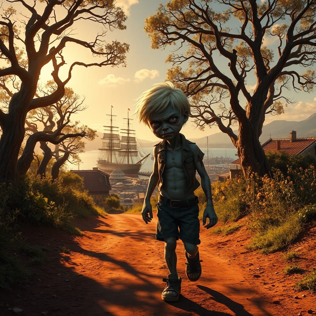 Zombie Kid Walks to Sunny Port, Matte Painting