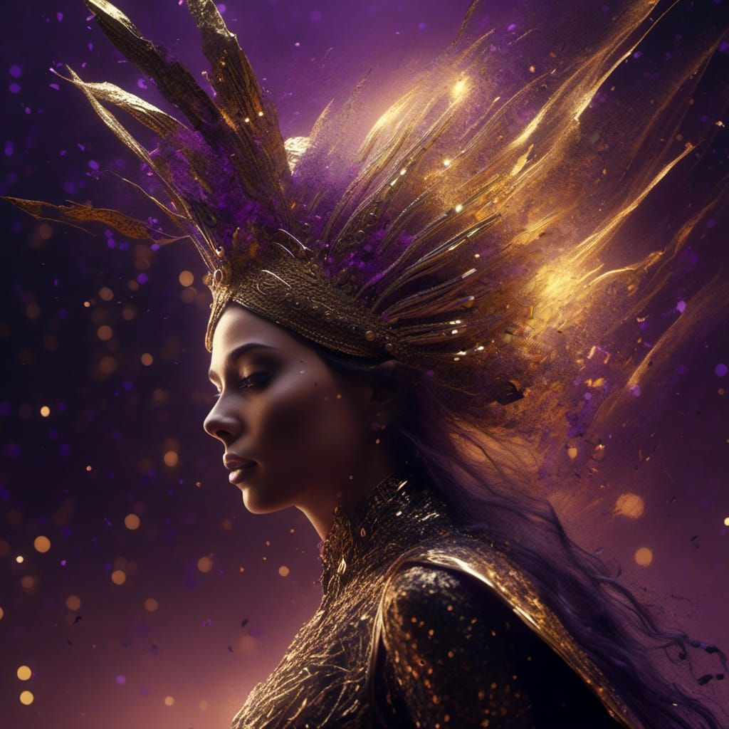 Majestic Woman in Gold Headdress with Moonlit Background