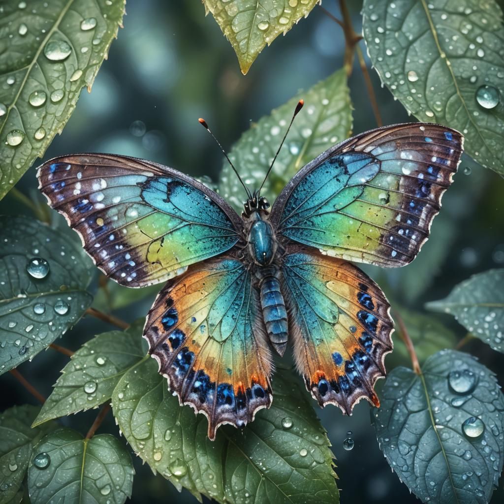 Macro Photograph of a Colorful Butterfly on Dewy Leaf