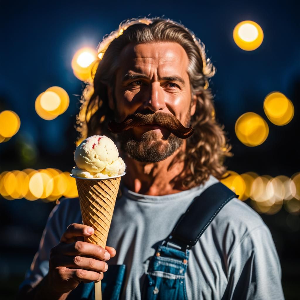 Man with Ice Cream in Sunny Rose Garden