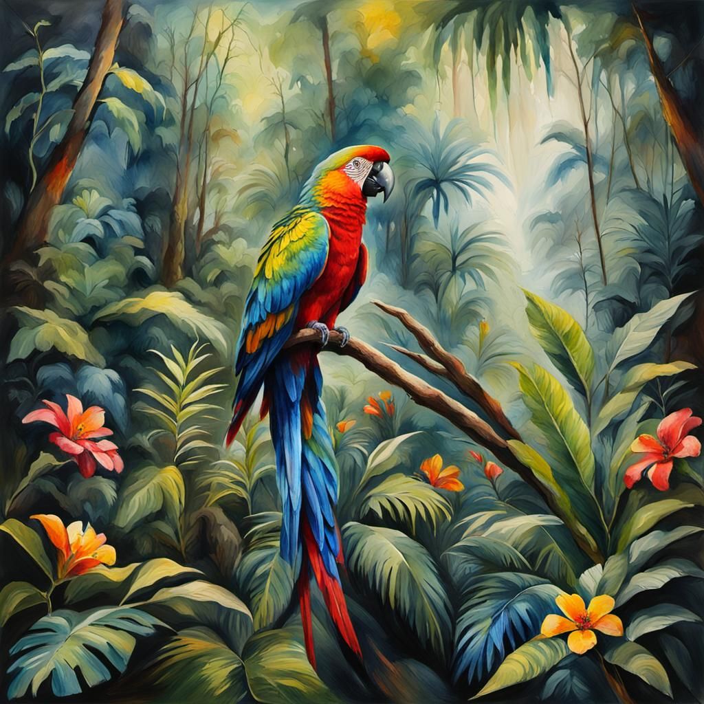 Colorful Parrot in Jungle, Oil Painting Style