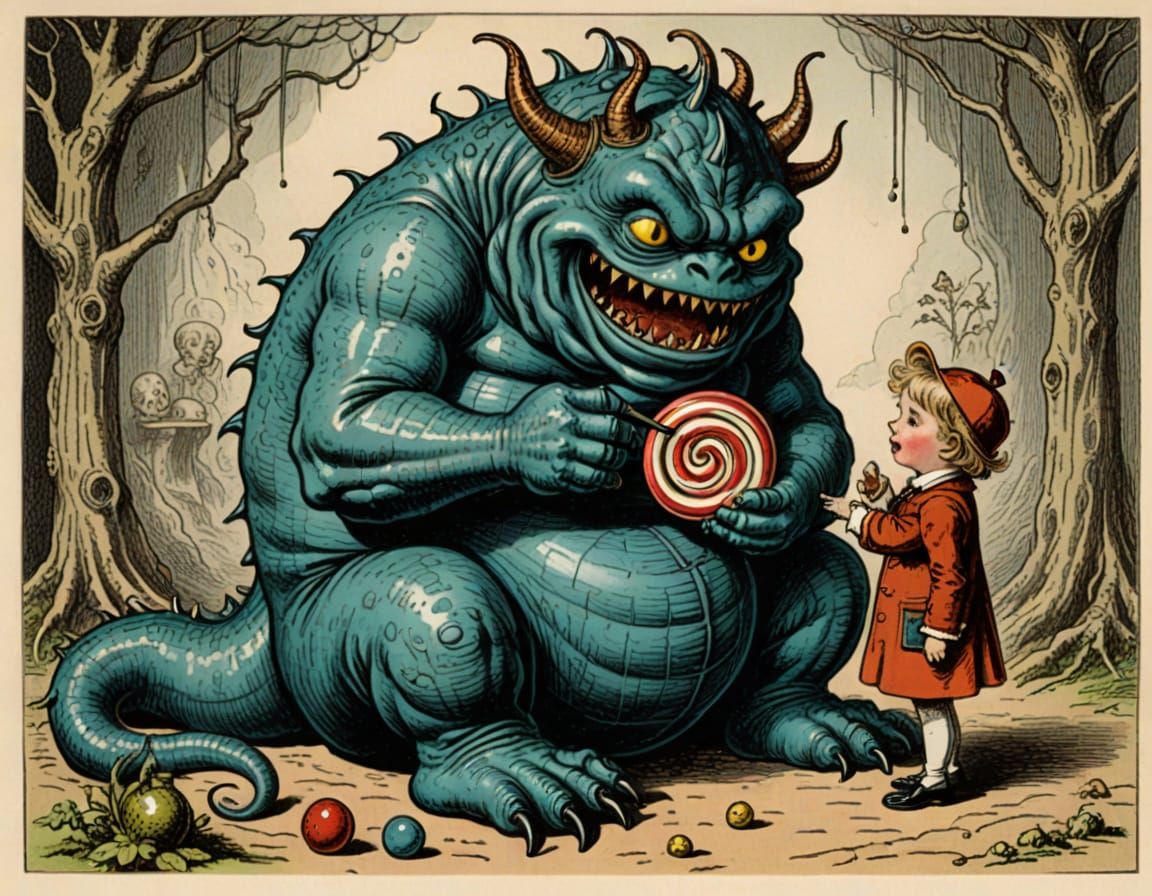 Monster Comforting Child with Lollipop: Victorian Illustrati...