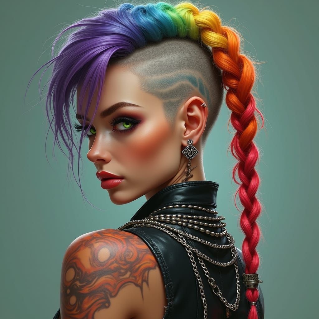 Cyberpunk Goddess in Vibrant Rainbow Braids