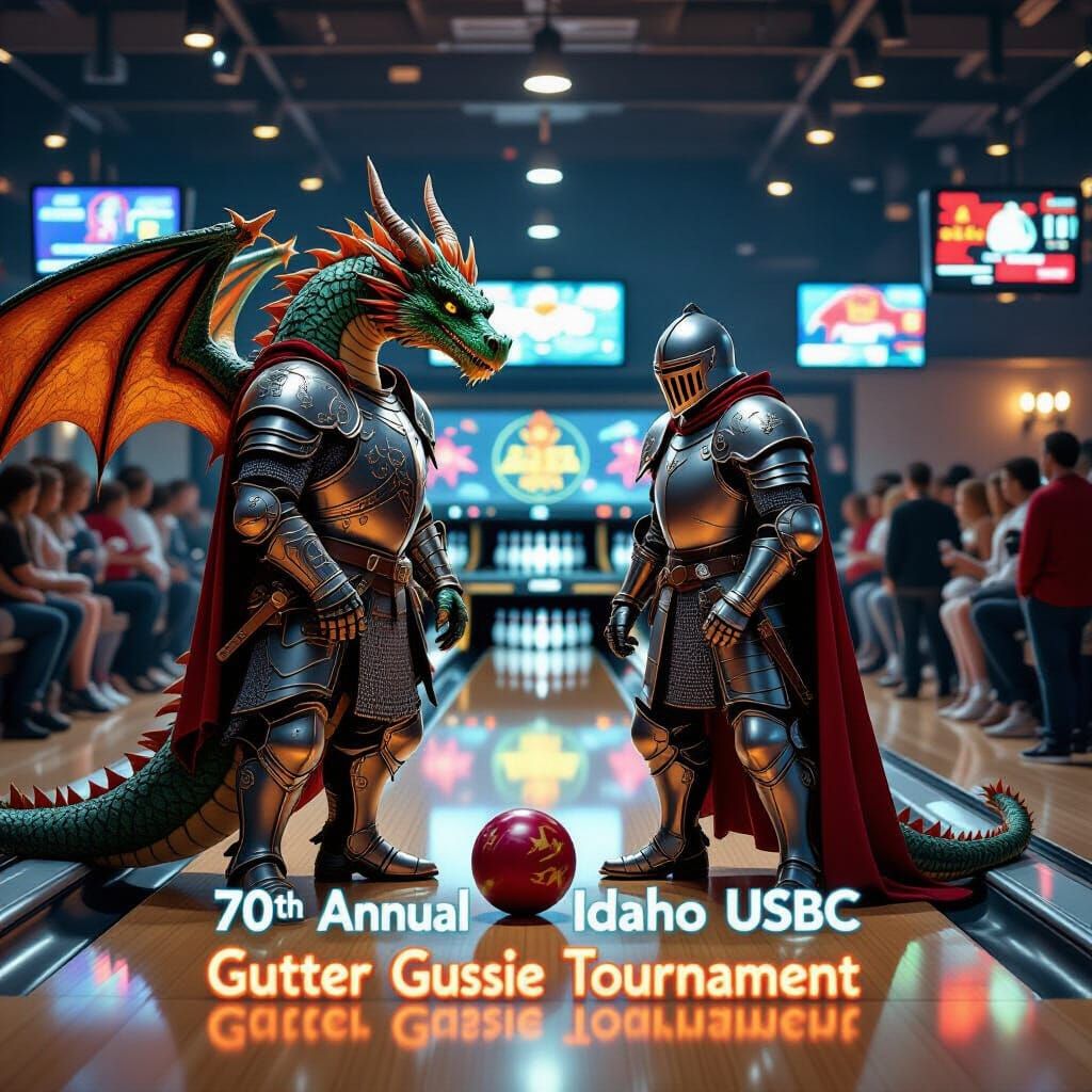 Dragon and Knight at Bowling Tournament in Photorealistic St...
