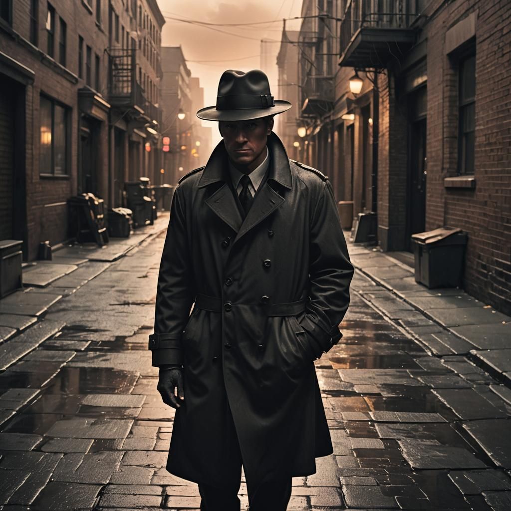 Detective in Rainy Alley: Film Noir Sunset