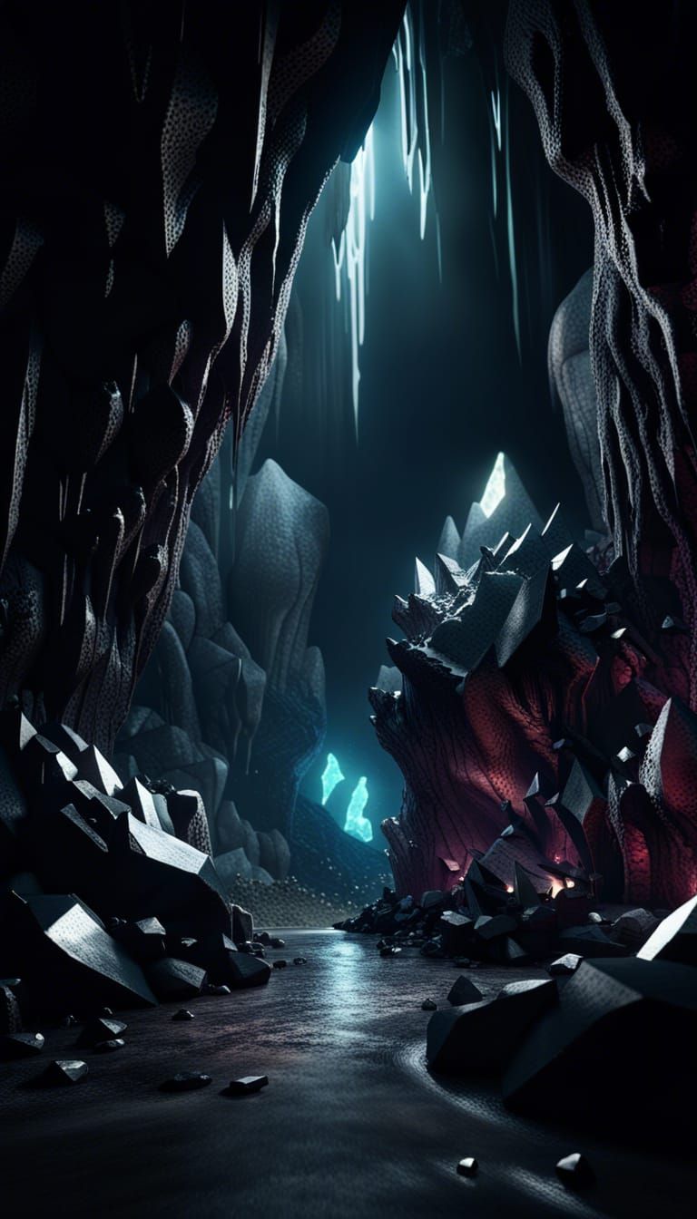 Ethereal Black Crystal Cavern in Dark Fantasy Style