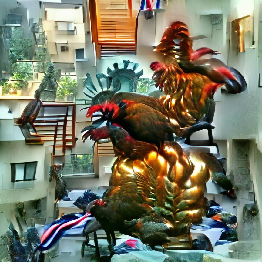 Bronze Roosters Crowing at Dawn