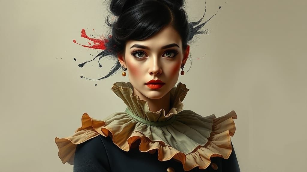 Victorian Woman Merging with Ink Splashes