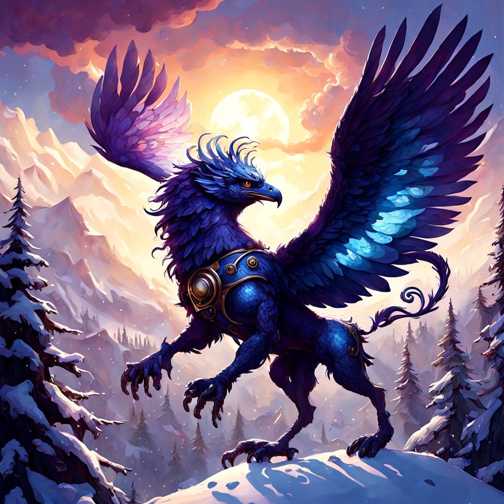 Steampunk Griffin Soars Above Snowy Forest