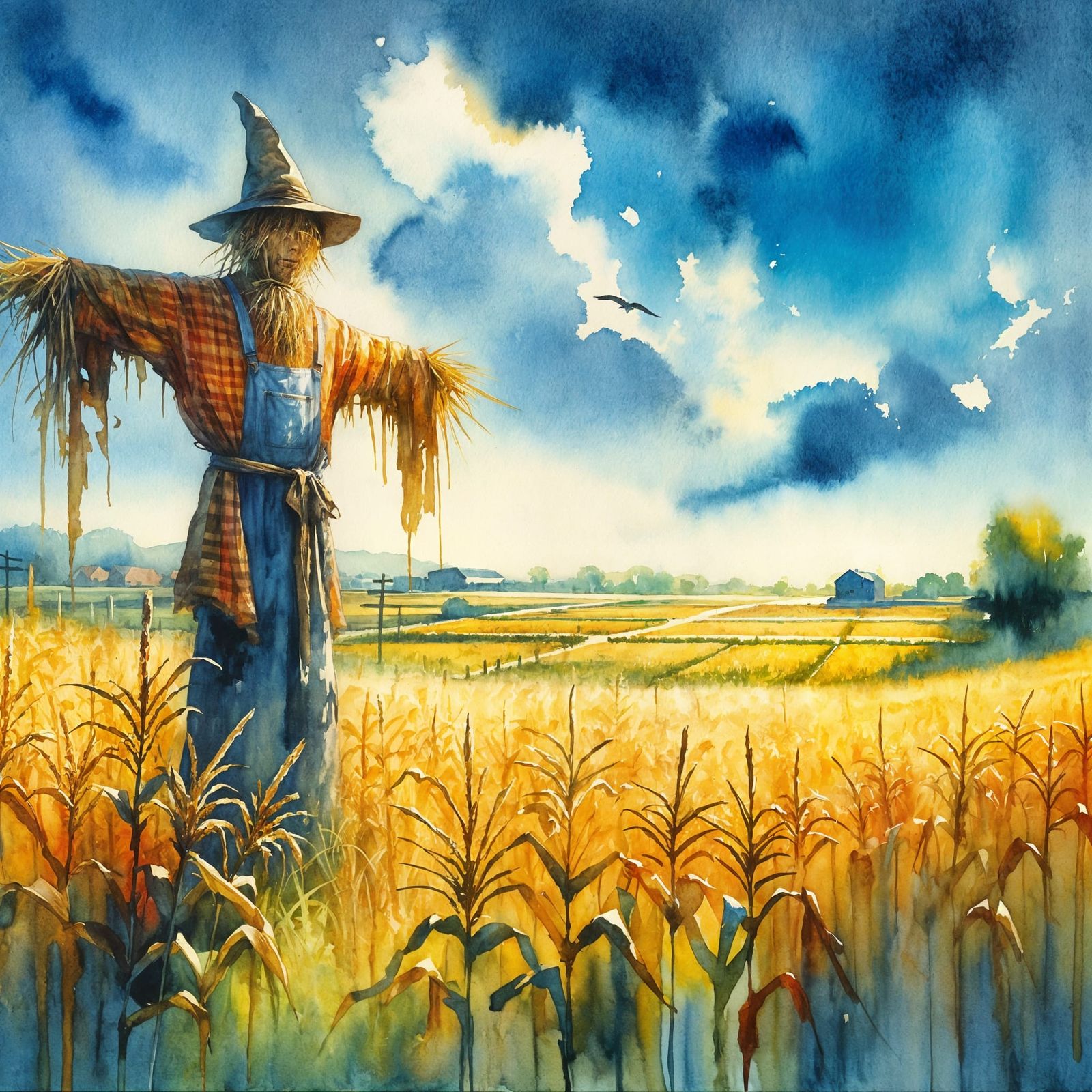 Scarecrow in Cornfield, Watercolor Painting