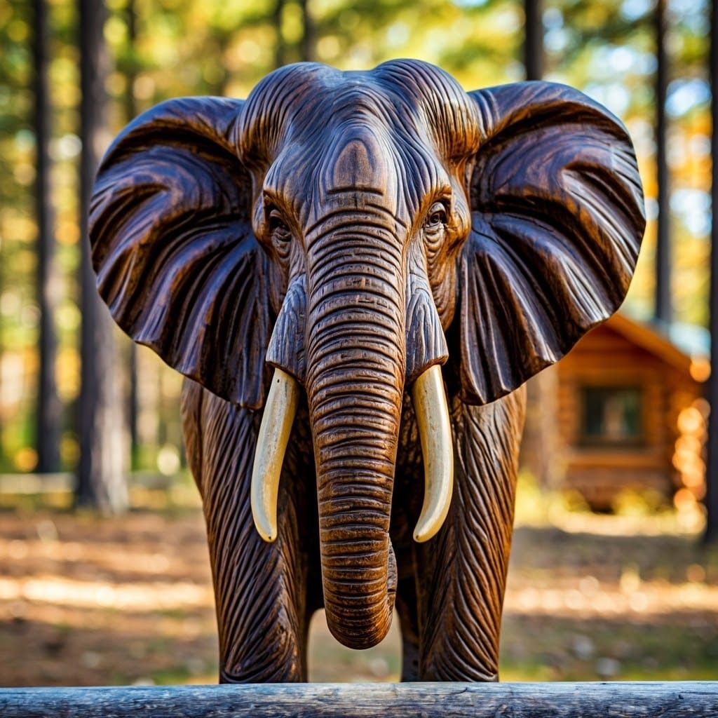 Majestic Walnut Elephant Carving in Sunlight