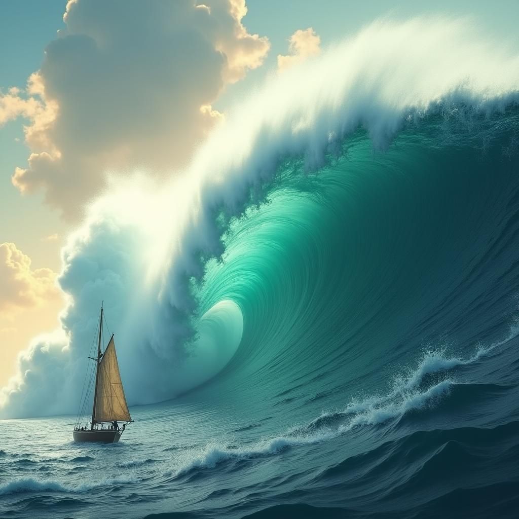 Giant Wave Engulfs Sailboat: Hyper-Realistic Matte Painting