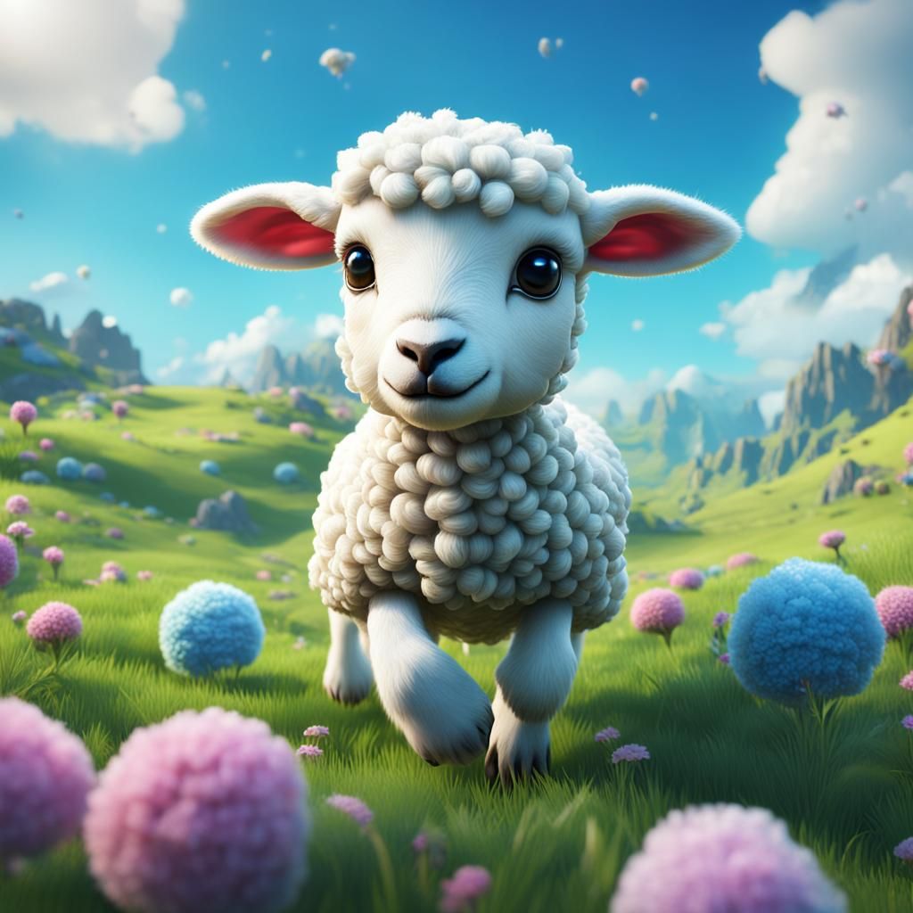 Sweet Fluffy Lamb and Girl in Meadow