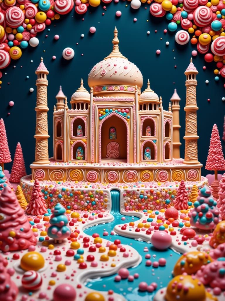 Hyperdetailed Candy Taj Mahal in a Museum Setting
