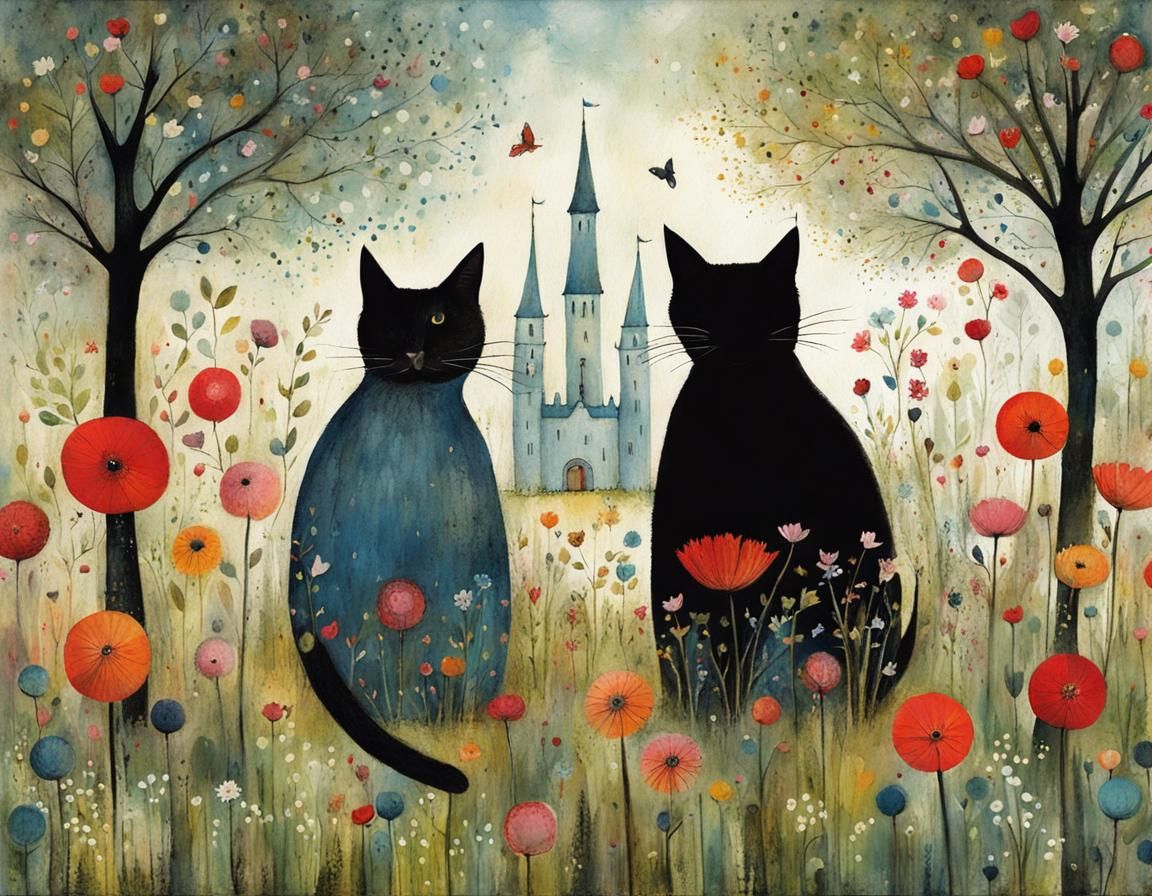 Two Cats in a Magical Whimsical Garden