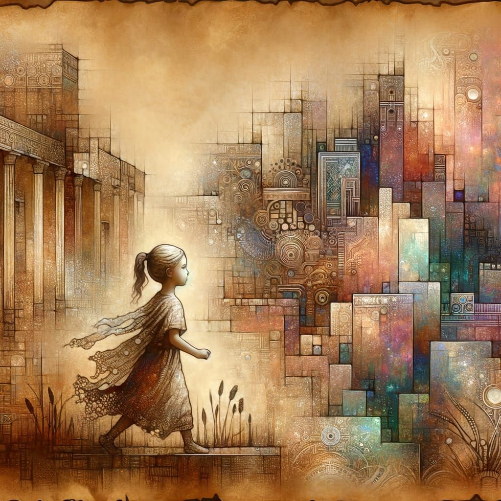 Mixed-Race Child Explores Ancient City on Aged Parchment