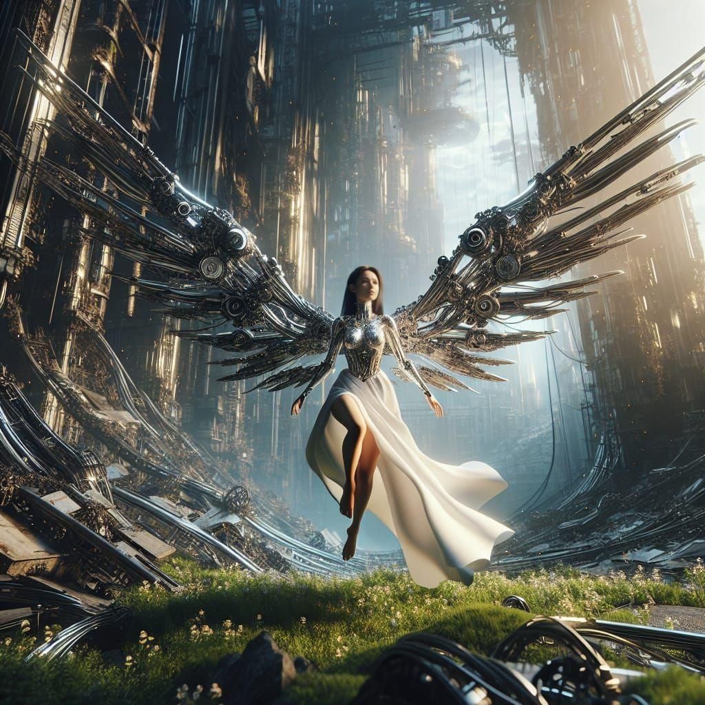 Futuristic South-Asian Angel Soaring Over Ruined City