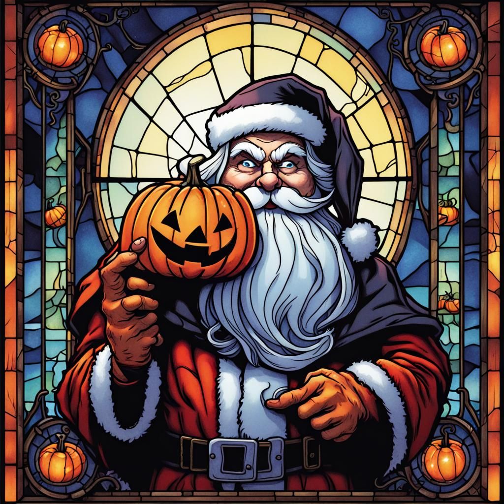 Stained Glass Santa with Jack-o'-Lantern Head