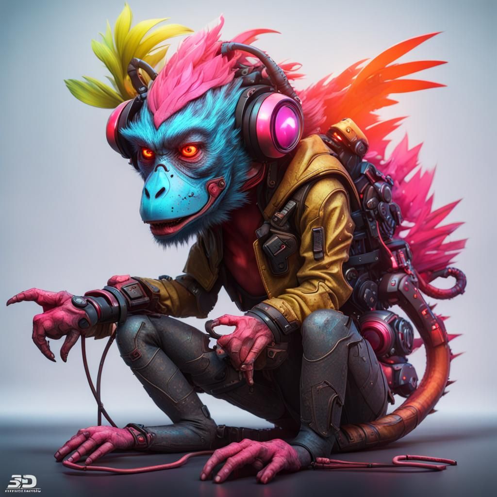 Cyberpunk Monkey-Dragon Hybrid in 3D Cinematic Style