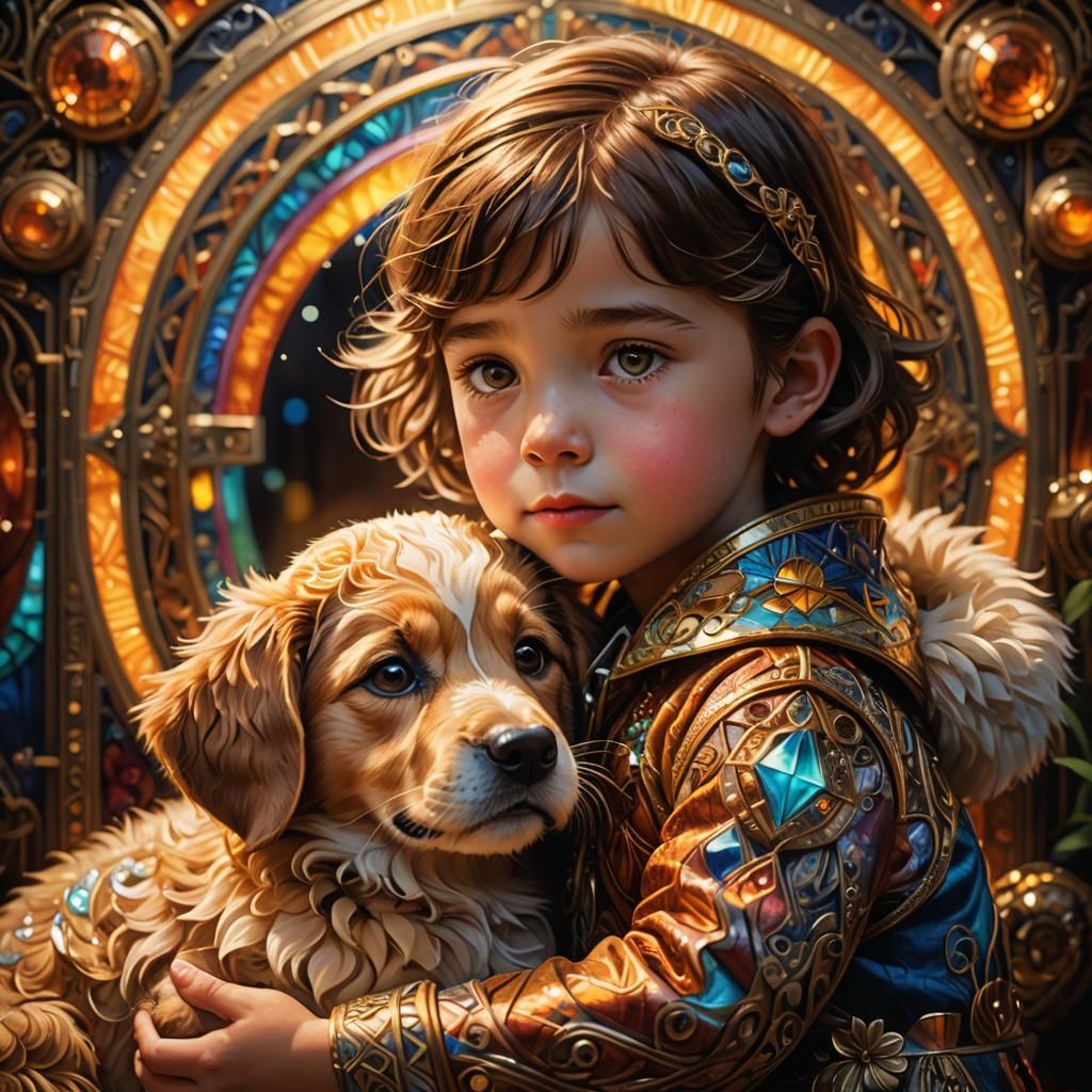 Child and Pet Embrace in Art Deco Style