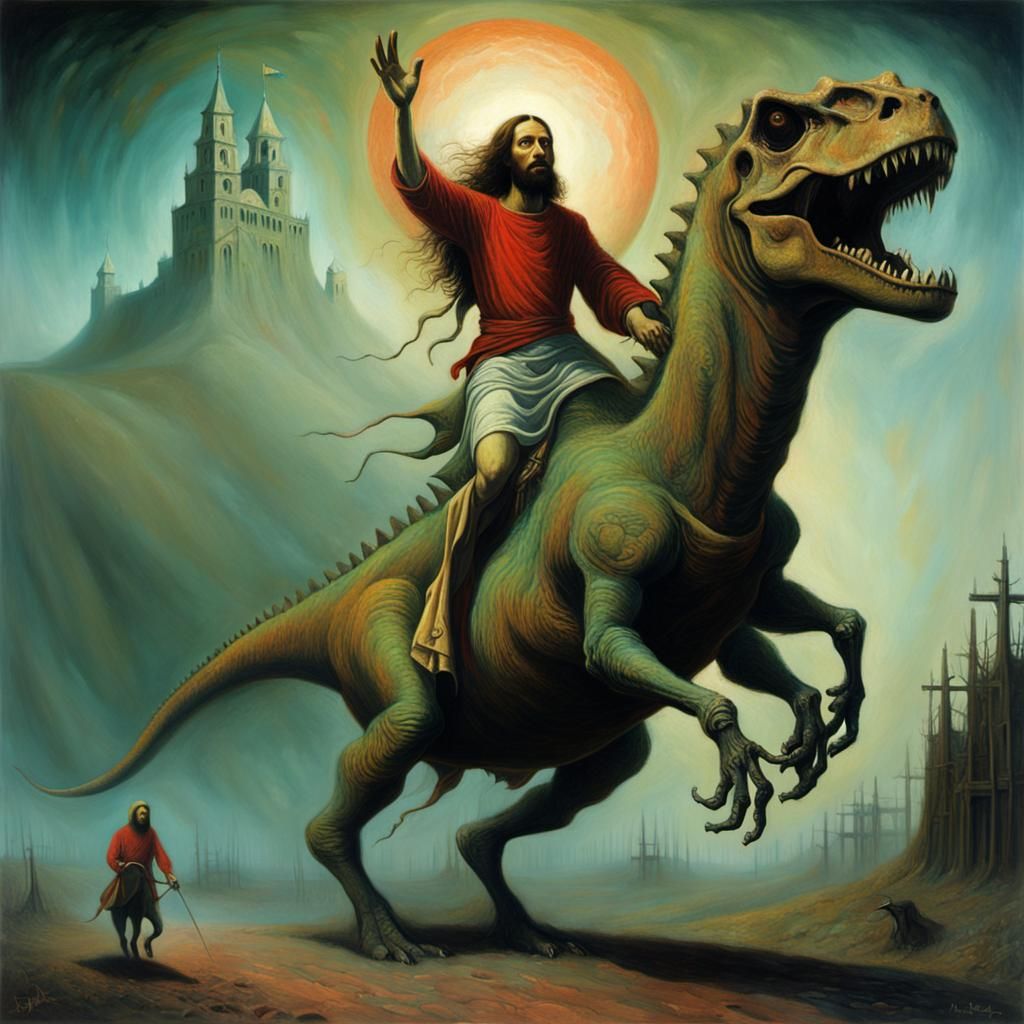 Surreal Jesus on Dinosaur in Liminal Space