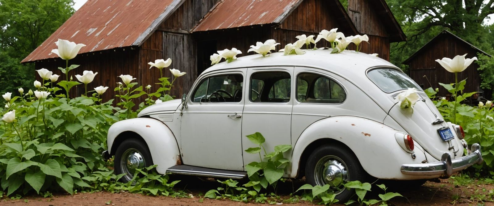 Moonflowers Bloom Over Rusty Volkswagen Beetle