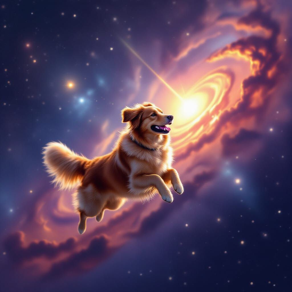 Golden Retriever Leaping Through Nebula in Dreamy Space