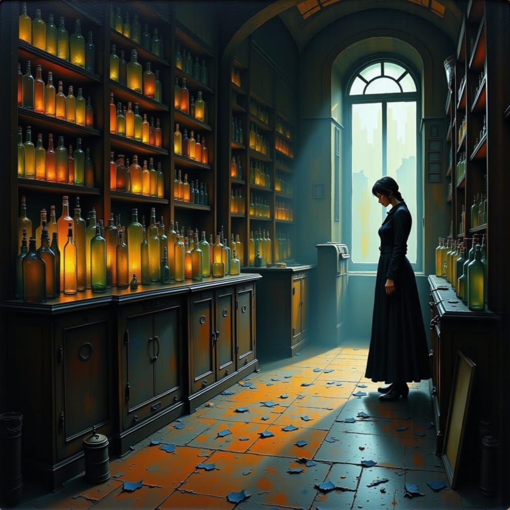 Mystical Shop Interior with Mystery Bottles in Surreal Style