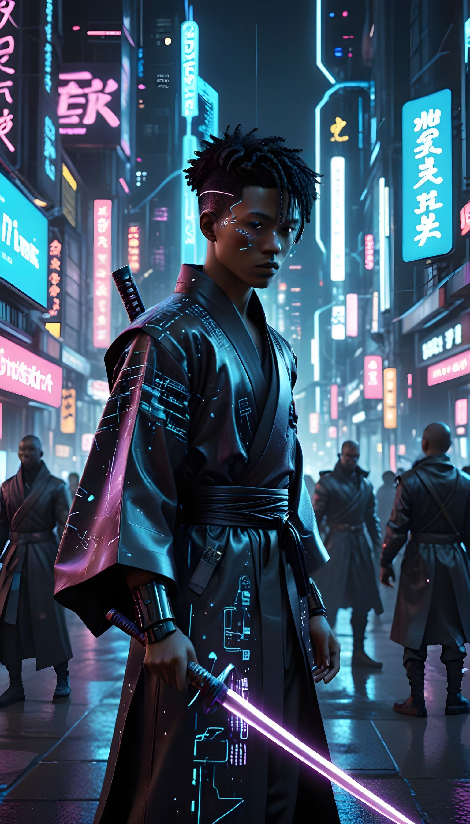 Virtual Avatars in Neon Cyberpunk Cityscape