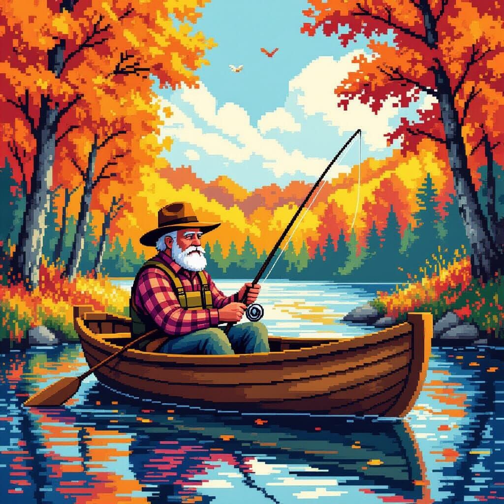 Pixel Art Fisherman on Autumn Lake