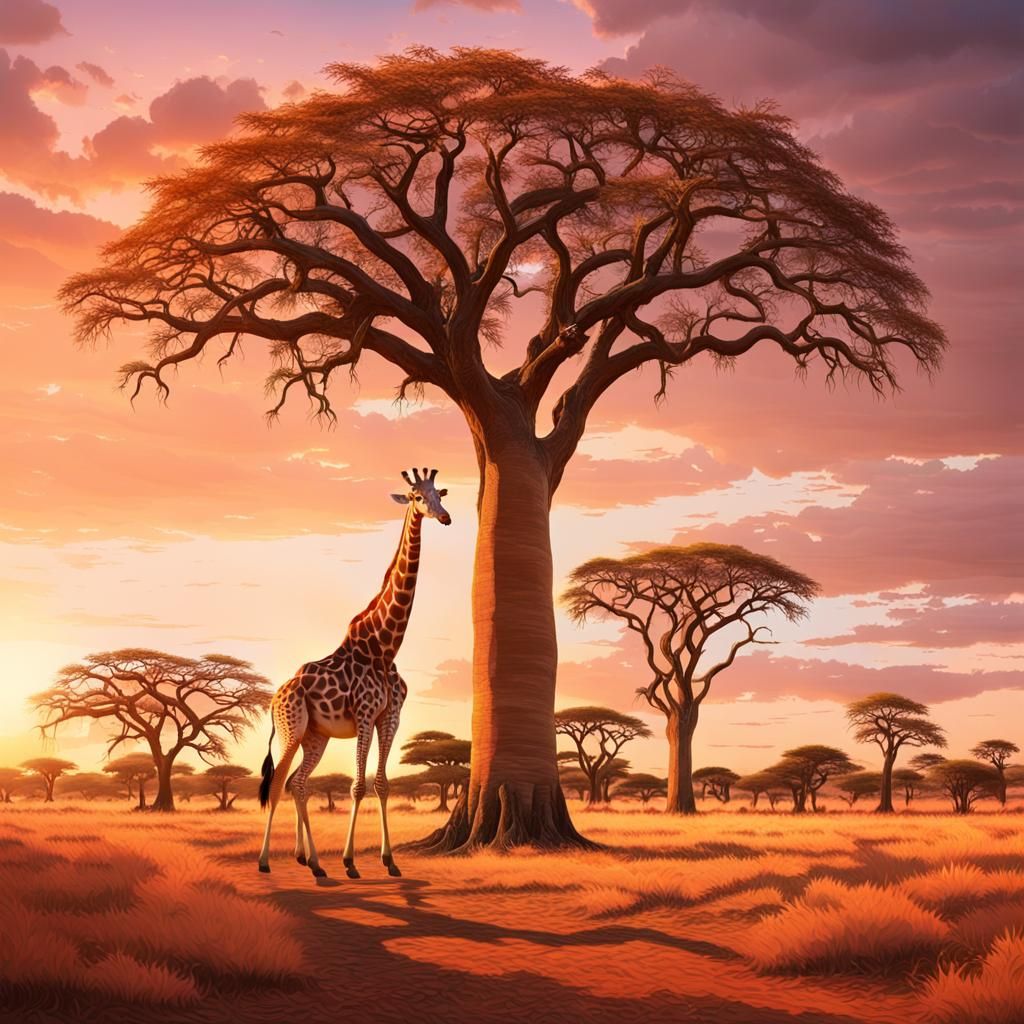 Savannah Sunset: Giraffe Under Baobab in Oil Painting Style