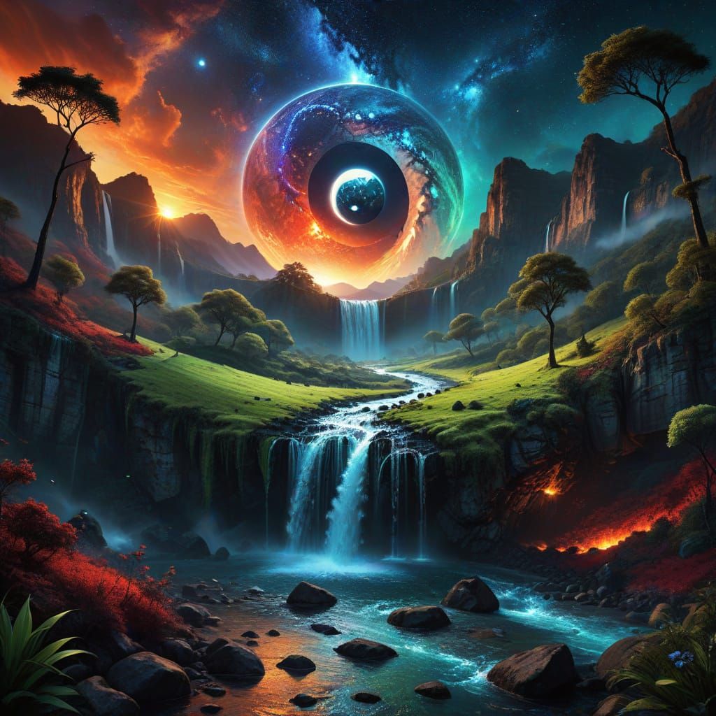 Fantastical Yin Yang Landscape with Waterfalls