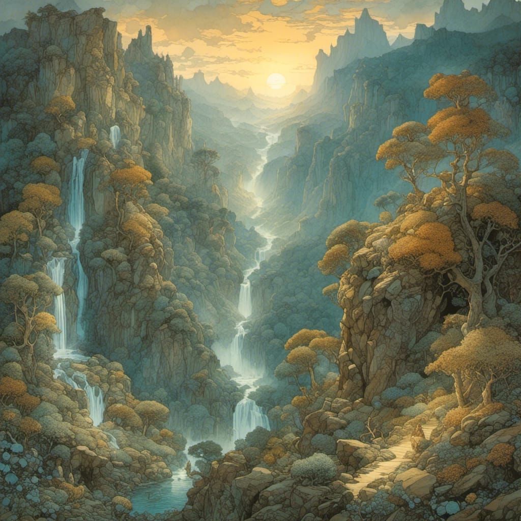 Waterfall in Foggy Valley Sunrise: Ethereal Art