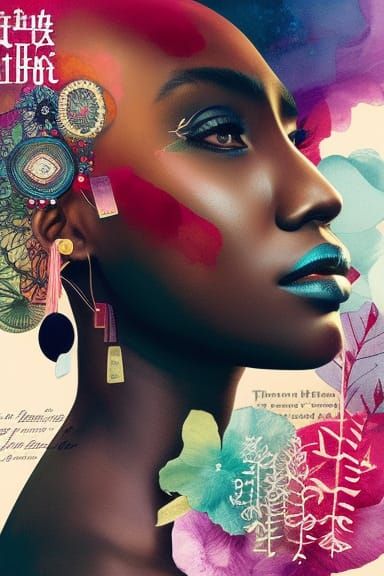 Intricate Mixed Media Collage with Dark-Skinned Face