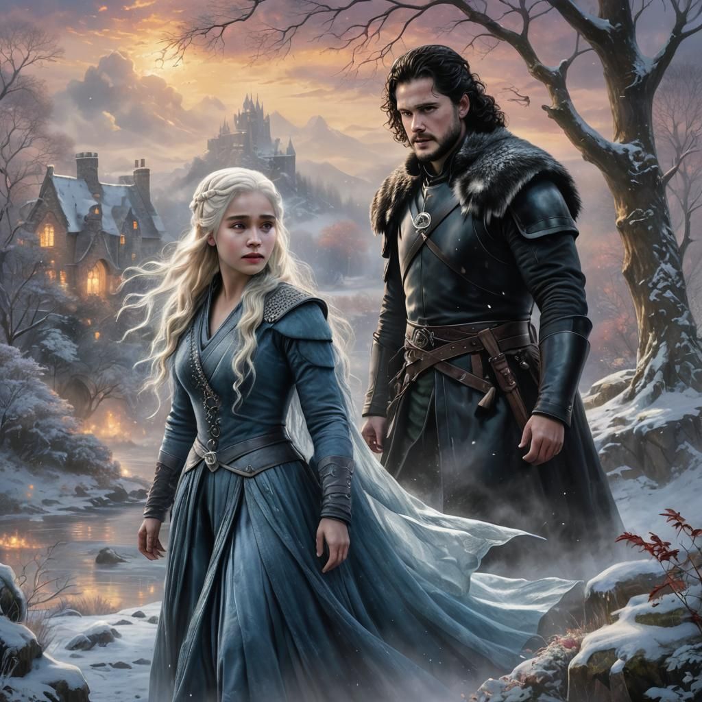 Jon Snow and Daenerys in Ethereal Fantasy Landscape
