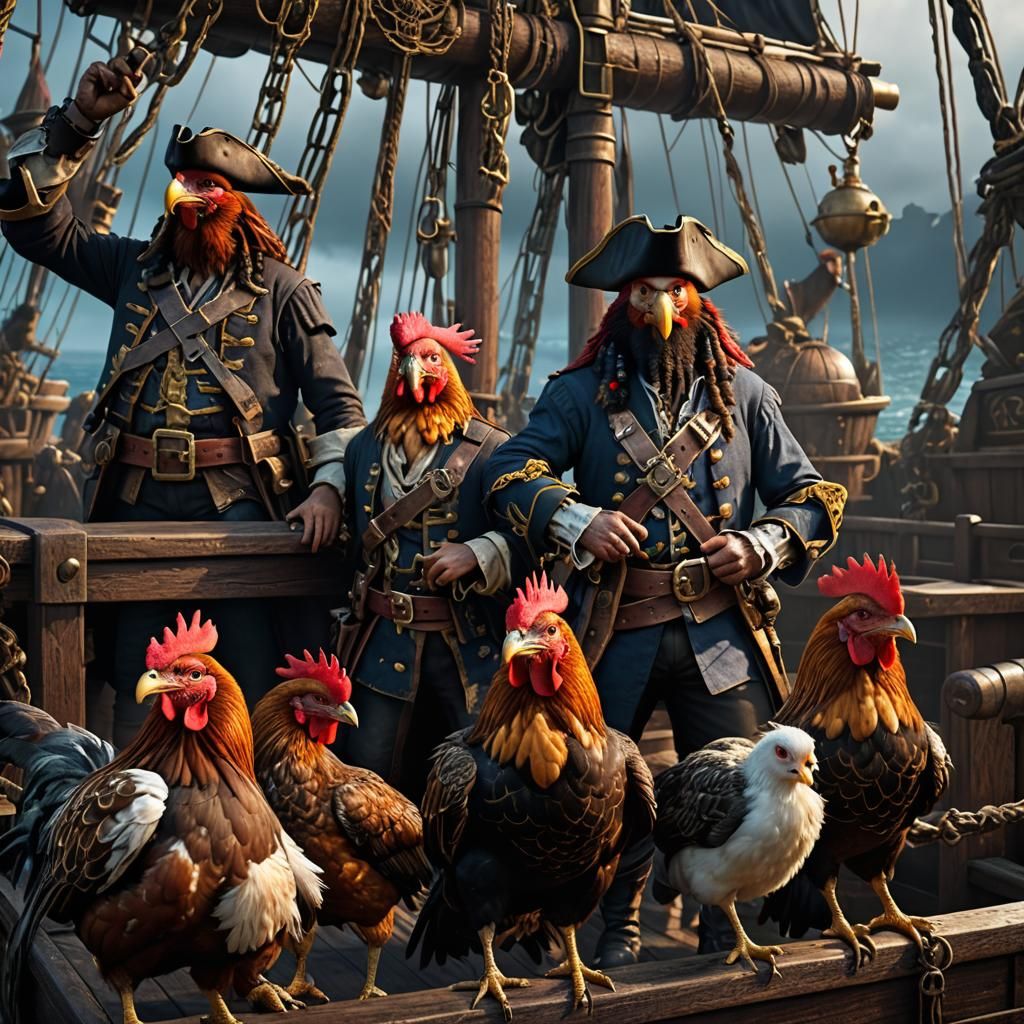 Hyperrealistic Pirate Chickens on a Ship