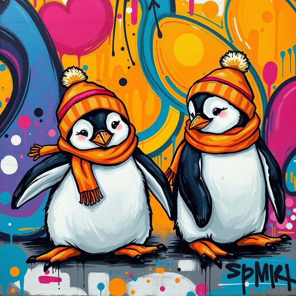 Adorable Penguin Graffiti Scene in Vibrant Street Art Style