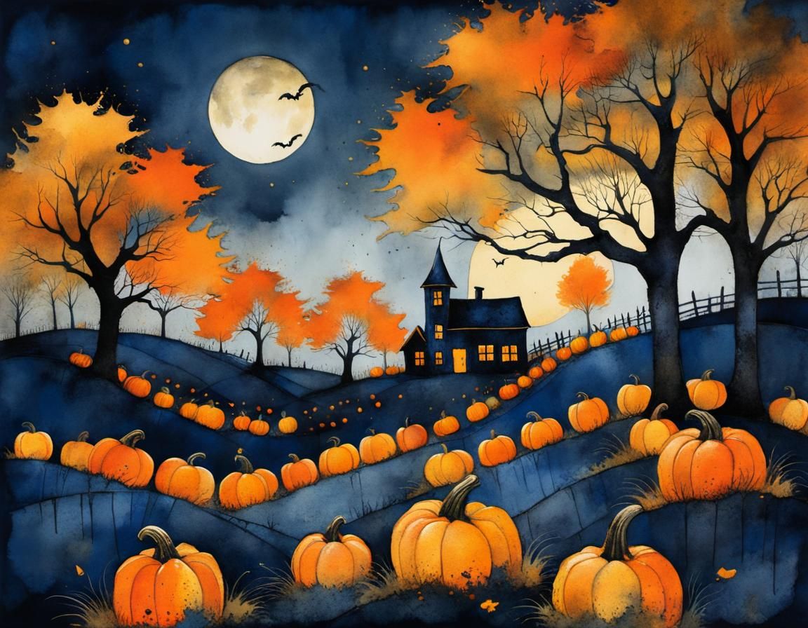Spooky Pumpkin Patch in Moonlight: Antique Watercolor Illust...