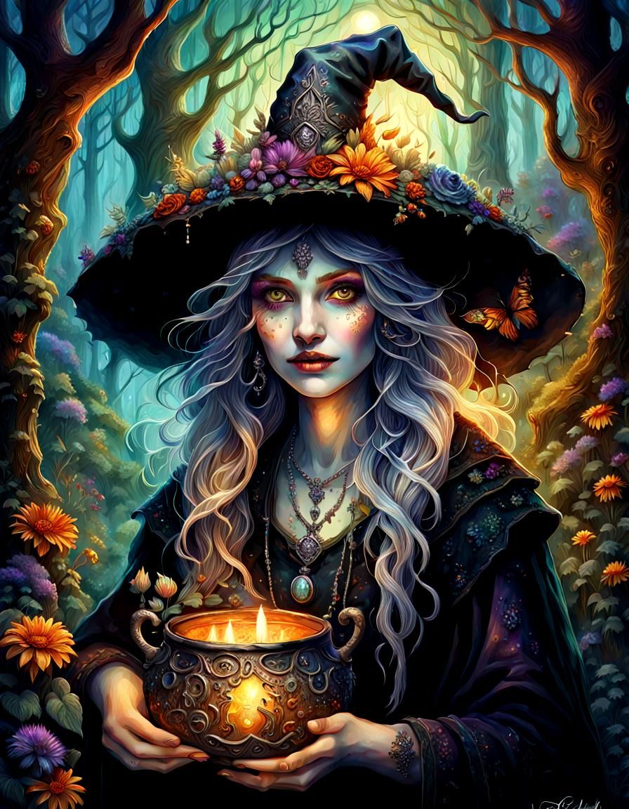 Woodland Witch in Detailed Forest Den