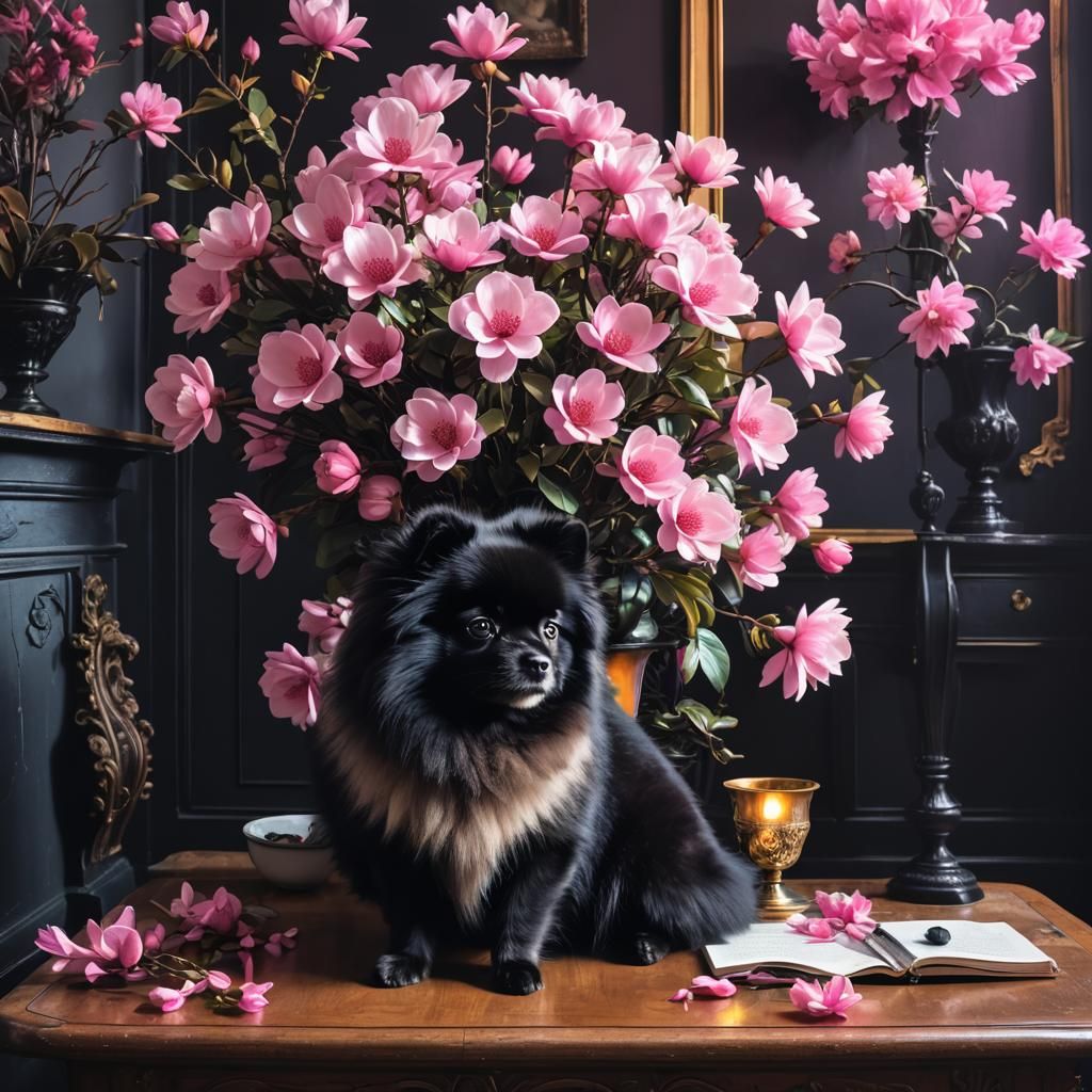 Pomeranian and Magnolias in Synthwave Style
