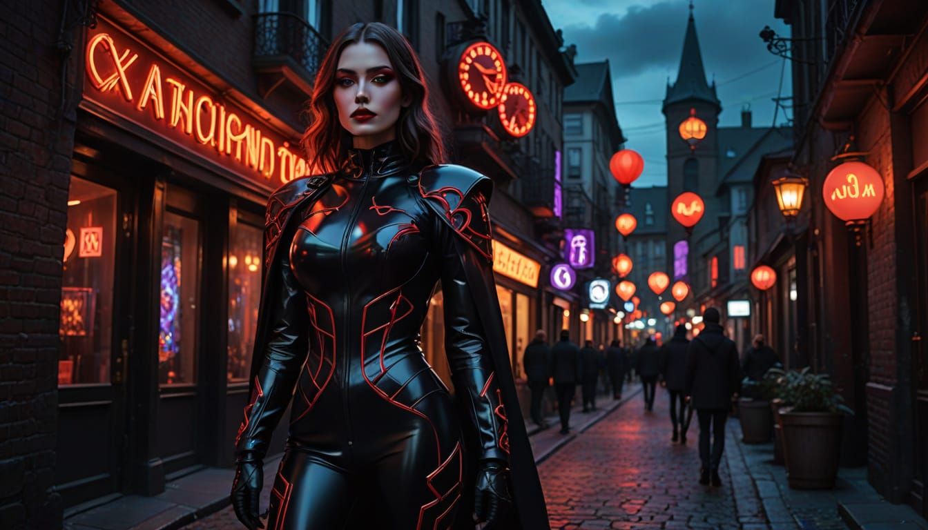 Gothic Goddess in Latex Catsuit, Amidst Clockwork Shadows