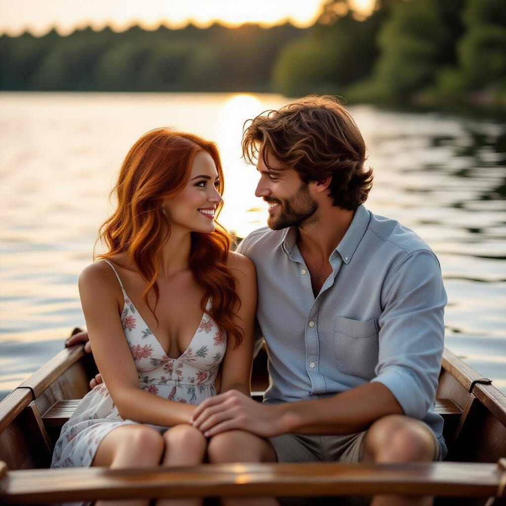 Romantic Sunset Boat Scene with Couple in Golden Hour Light