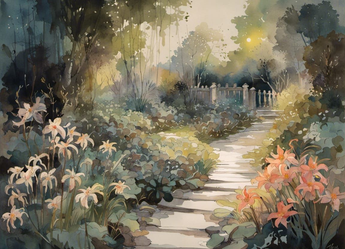 Moonlit Garden Path Watercolor Painting