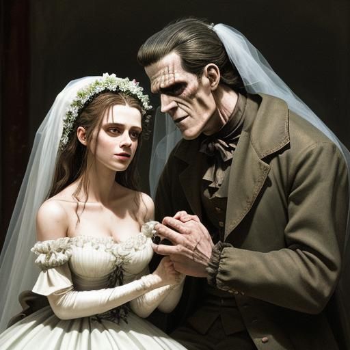 Frankenstein and His Bride: A Classic Horror Scene