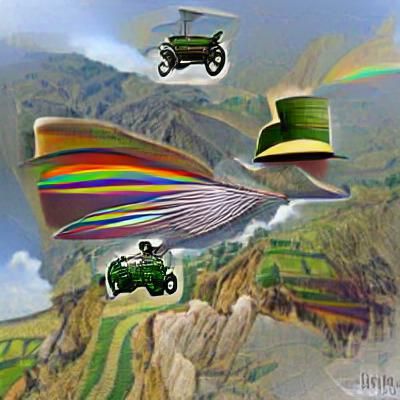 Whimsical Flying Car Over Green Valley with Rainbow