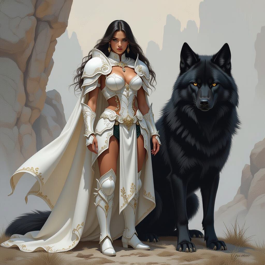 Elf Warrior with Wolf in Fantasy Art Style