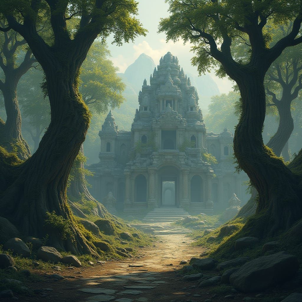 Hyperrealistic Forest Temple Landscape with Gigantic Trees