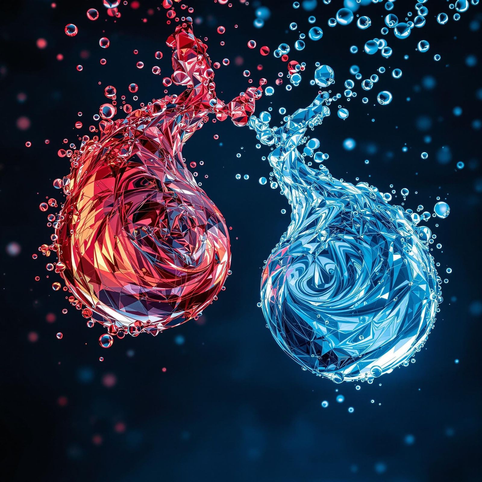 Crimson and Cerulean Water Droplets in Dance