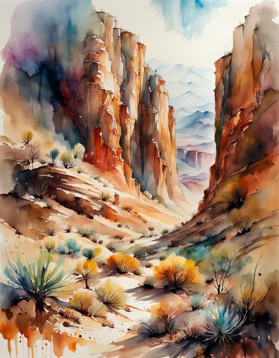 Watercolor Desert Canyon Landscape Painting